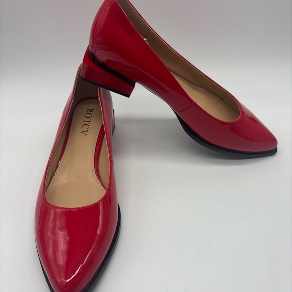 Rotcv Women's Mid Square Heel Patent Leather Pumps, Red, 11.5 - Picture 1 of 6